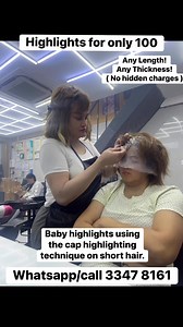 Highlights for only 100 Baby highlights using the cap highlighting technique on short hair. Any Length! Any Thickness! ( No hidden charges ) Whatsapp/call 3347 8161 | Dreams Purple Beauty Salon