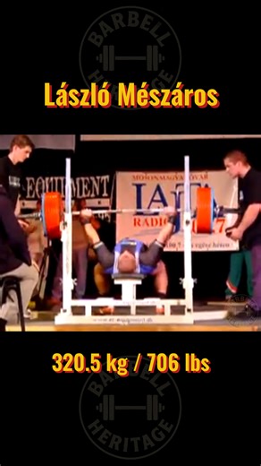 Barbell Heritage on Instagram: "László Mészáros 320.5kg bench press World Record. László Mészáros is a Hungarian bench presser and World Champion. He competed during the late 90s and early 2000s in the -100 and -125kg weight categories. He’s a four time IPF Bench press World Champion between 1999 and 2004. This bench, which is also his best, was set at the 2005 European championships in his homeland of Hungary. Along with securing his win this also set a new World Record in the -125kg category.