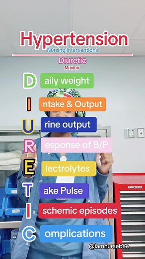 Hypertension - Nursing Interventions “Diuretic” Monitor Daily weight Intake & Output Urine output Response of B/P Electrolytes Take Pulse Ischemic episodes Complications #nurseoftiktok #iamnursebee #nursetok #studentnursesoftiktok #nursingstudents #nursingstudents #etsybusybeenurses #nclexrn #studentnurse #nursingschool #diuretics #hypertension #nursingpharmacology