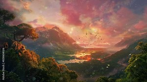 beautiful sunset of nature landscape background. cartoon style seamless looping time-lapse virtual 4k video animation background.