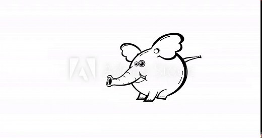Cartoon medium black and white elephant running along screen . Animated character animation whiteboard. Good for any material for kids, adverts, etc...