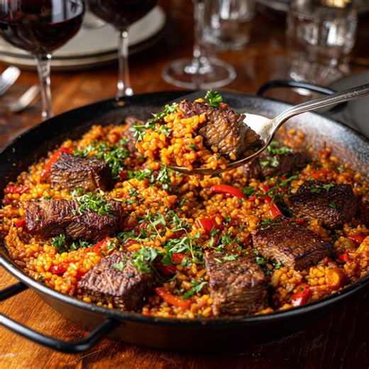 Paella au Bœuf et aux Poivrons Rouges Temps de cuisson : 45 minutes Pour : 4 personnes Ingrédients : 400 g de bœuf (faux-filet ou bavette), coupé en fines lanières 1 ½ tasse de riz à paella (comme le Bomba ou l’Arborio) 1 poivron rouge, coupé en fines lanières 1 petit oignon, finement haché 3 gousses d’ail, émincées 2 ½ tasses de bouillon de bœuf (chaud) ½ tasse de vin blanc sec 1 c. à café de paprika fumé ½ c. à café de cumin moulu ¼ c. à café de flocons de piment (facultatif) 2 c. à soupe d’hu