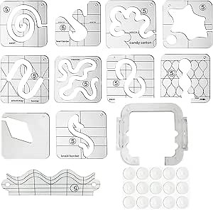 11Pcs Free Motion Quilting Template Series 5 for Domestic Sewing Machine Ruler Come with 1pcs Quilting Frame +1 Pack Non-Slip Adhesive Rings Ruler Grips