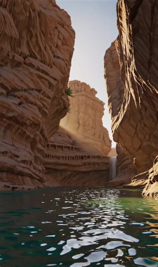 Ancient Desert Fortress Hidden Oasis Waterfall 🌴🏜️ (8K HDR Cinematic Loop) An ancient desert fortress carved into a sunlit sandstone canyon at golden hour—ultra-realistic, cinematic scale in 8K HDR. 🏜️✨ Below the cliffs, a hidden waterfall pours into a crystal-clear oasis pool, where palm shadows ripple softly across the water. Dust hangs in the sunbeams, warm tones glow along the rock face, and every inch of stone erosion and weathered texture feels real. This is built for a perfect seamless