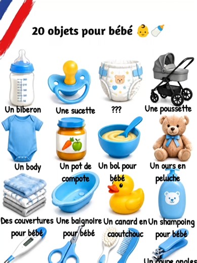 Découvrez 20 objets pour bébé en français 👶🍼 ! Apprenez facilement le vocabulaire des bébés et enrichissez votre français avec des objets du quotidien. Combien de ces mots connaissiez-vous déjà ? 🇫🇷✨ . . . #français #apprendrelefrançais #vocabulairefrançais #bébé #apprendre