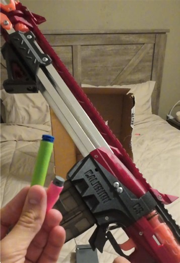 Which ammo would you rather use in your high powered blaster? And once again, showing off this beautiful Caliburn I had gotten from @OUT OF DARTS . It was originally created to be compatible with both full length darts and half lengths, and I wanted to see which one would perform better! Which ammo type do you use? #sethsnerfun #foamflingingfun #3dprintednerf #caliburn #foamdarts
