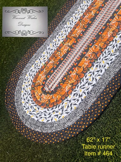 Handmade Jelly Roll Table Runner – Halloween, Colorful, Fun! 62” X 17”, Orange, Black, White. Item #464 - Etsy