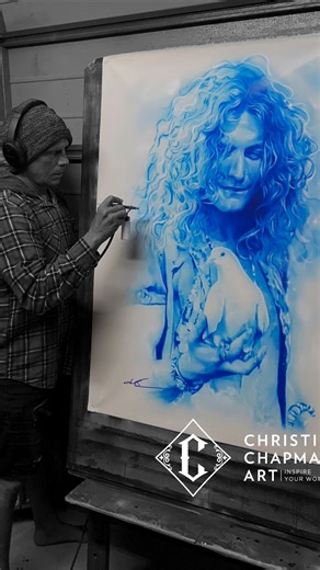 Robert Plant of Led Zeppelin hand painted original artwork on canvas. Truly one of the best rock bands of all time so many great records. Christian wanted to capture the soul & psychedelia of Plant rendered in hues of blue. The music here is also created by Christian, it’s in a unique tuning with an ambient delay & reverb modulation. If you listen carefully it’s actually a slowed down abstract version of Stairway to Heaven ✨✨🙏✨✨#ledzeppelin #robertplant #christianchapmanart #music #musician #po