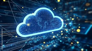 Digital cloud icon surrounded by data streams and glowing lights, symbolizing cloud computing technology