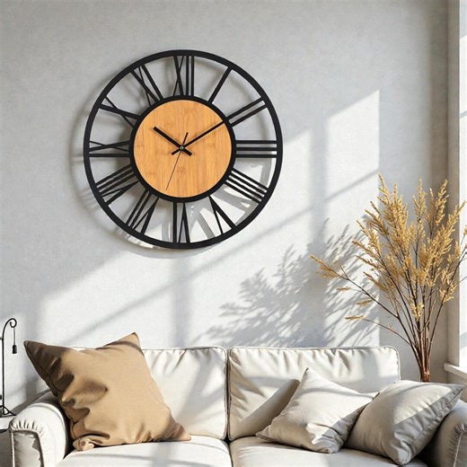 Nordic Roman Numeral Wall Clock: Large 3D Wood & Metal, Silent Movement - Etsy