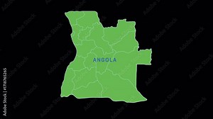 Angola Country Map Animation: A Detailed 2D Graphic Showing All Provinces on a Black Background.