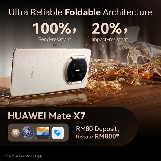 The all-new HUAWEI Mate X7 brings innovation and durability. Its Ultra-Reliable Foldable Architecture delivers strength and precision in every fold. Capture every detail with the True-to-Colour Camera featuring Ultra HDR. The Light and Compact Design makes it effortless to carry, while the Innovative AI Experience enhances your creativity. Powered by long-lasting Power Battery Life. Pay Deposit Now to secure yours today! There are RM800 Rebate* and Free Gifts worth up to RM5,597*. 🛒HUAWEI Offic