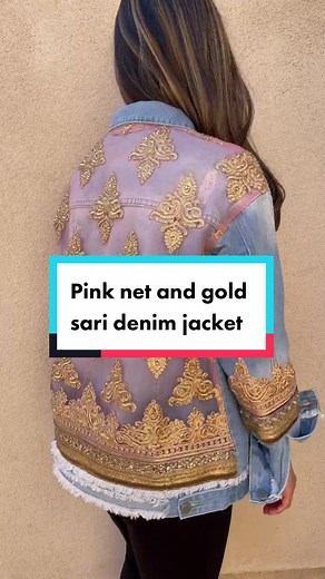 This pink net sari with gold work is stunning. The rhinestones and mirrors make it look so luxe. I would love to see this paired with a lehenga, but also love that you could wear this with any outfit! Where would you wear this jacket? #denimjacket #denim #indianfashion #indowestern #sari #saree #sareelove #sewingtiktok #southasianfashion #upcycledclothing #sustainablefashion #handmadeclothing #coachella