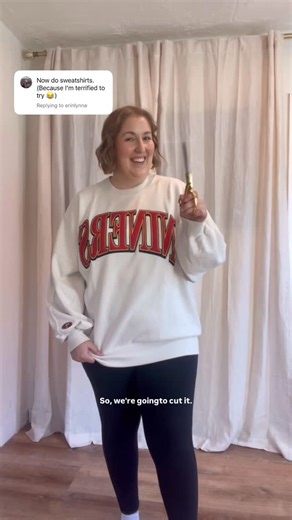 Kaitlyn | fat girl ✨just existing✨ on Instagram: "A little oversized sweatshirt hack for my pearshaped girlies✂️🍐 . . . #justexisting #bodyacceptance #size18 #oversizedsweatshirt #oversizedhoodie #diyfashion #diyhacks"