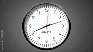 Classic wall clock on gray background - 8 to 9 o clock - 3D 4k animation (3840 x 2160 px)