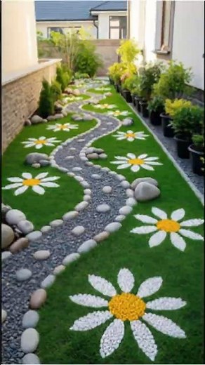 Creative Pebble Flower Garden Path | Small Backyard Landscaping Idea #gardeninspiration #backyard
