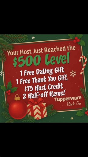 ✨ Host a Tupperware Party With Me! ✨ Christmas is coming up fast, and Tupperware makes amazing gifts — practical, cute, and perfect for everyone on your list! 🎁💚 💬 We party in a group chat — no house cleaning, no chaos. ⏱ Only about 45 minutes — quick, fun, and full of deals. 💸 FREE to host — zero cost, all rewards. 🎁 Earn FREE and half-off items based on your party’s sales! So if you want holiday gifts without the holiday stress, now’s the perfect time to host. You bring the people, I brin