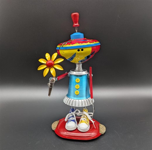 Found object sculpture - Girl with daisy and astronaut top - Assemblage art