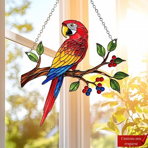 Colorful Parrot Stained Glass Art, Tropical Bird Decor, Red Macaw Suncatcher With Berries, Bird Watching Gift, Window Ornament - Etsy