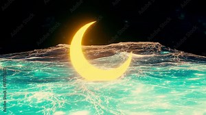 crescent moon over the sea. 3d animation of the moon moving on the sea waves. abstract scene of the moon and the sea. abstract seascape of a crescent moon over the sea