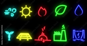 Environment, icons and process with green energy for global sustainability, life cycle and eco friendly of animation chain. Nature, illustration and renewable information, resources value and climate