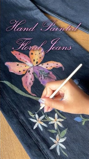 Upcycled Hand Painted Jeans 🌸 Floral Orchid Art