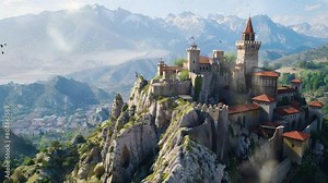 Animation amazing castle with high towers. seamless 4k video looping background. generated with ai