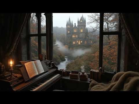 Cozy Piano Room Overlooking a Gothic Castle | Rainy Victorian Castle Ambience | Dark Academia Music