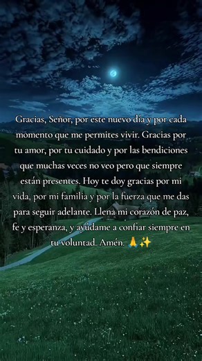 Gracias, Señor, por este nuevo día y por cada momento que me permites vivir. Gracias por tu amor, por tu cuidado y por las bendiciones que muchas veces no veo pero que siempre están presentes. Hoy te doy gracias por mi vida, por mi familia y por la fuerza que me das para seguir adelante. Llena mi corazón de paz, fe y esperanza, y ayúdame a confiar siempre en tu voluntad. Amén. 🙏✨ #oraciondelanoche #buenasnoches #oracionespoderosas #mensajescristianos #rudyfloresm