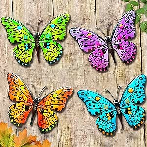 MACLARONX 4 PCS Metal Butterfly 9.6" Butterflies Outdoor Fence Yard Art Wall Decor Hanging Decorations for Garden Living Room Bedroom Patio Balcony Gift for Family Friends Housewarming