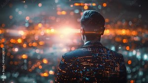 A holographic news anchor stands facing a background of city lights. Their body is transparent, showcasing a digital cityscape within.