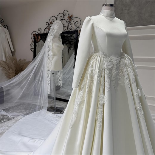 Satin Muslim Wedding Dress, Long Sleeve A-line Bridal Gown - Etsy