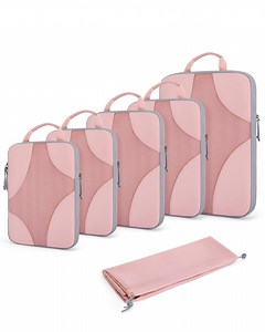 BAGSMART Compression Packing Cubes for Travel, Compressible Packing Cubes for Carry On Suitcase, Lightweight Travel Essentials (6-Pack (1L 2M 2S 1Shoe Bag),Pink