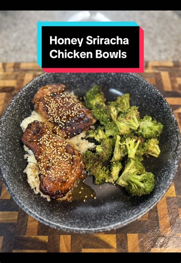 Honey Sriracha Chicken! Ingredients: Chicken Thighs - 12 Salt Pepper Garlic Powder Chili Powder Olive Oil Broccoli Olive Oil Salt Lemon Juice Honey Sriracha Sauce: Soy Sauce - 3tbsp Olive Oil - 2tbsp Sriracha - 2-3tbsp Honey - 1/3c Garlic Powder Riced Cauliflower Butter - 2tbsp Salt Directions: 1. Start by trimming off some of the excess fat from the chicken thighs. Then generously season both sides with some salt, pepper, garlic powder, chili powder and olive. Make sure it press in the seasonin