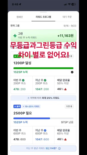 쿠팡이츠 그린등과 무등급 수익 차이 별로 없다! #쿠팡이츠배달파트너 #차팡