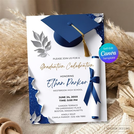 Graduation Party Invitation, Class of 2026 Invite, Blue Graduation Announcement, Editable Canva Template, Printable Grad Card, Download - Etsy