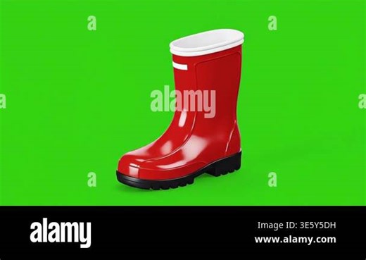 A single red rubber boot with a white top stands isolated on a vibrant green screen background, perfect for chroma keying Stock Video Footage - Alamy