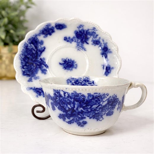 Antique W.H. Grindley Flow Blue Tea Cup & Saucer English Transferware - Etsy
