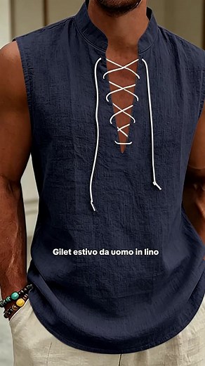 Gilet senza maniche da uomo American Summer, vestibilità ampia, stile vichingo medievale, in lino traspirante con coulisse, design confortevole e alla moda per uomini #menswearitalia #mensoutfit #summertop #boyfriendoutfits #summercollection #menssummerfashion #slimmingshapewear #manfashion #fashionmen #setsportswear