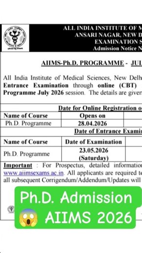 AIIMS Ph.D. Admission July 2026 Session 🔥#exam #2026 #bioclimax #biology #aiims #aiimsdelhi 😱❤️😊