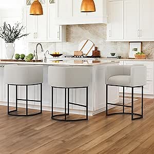 LUE BONA 27" H Counter Height Bar Stools Set of 3, Modern Barrel Counter Stools with Backrest and Arms, Black Metal Frames, Linen Fabric Upholstered Accent Barstools for Kitchen Island, Light Gray