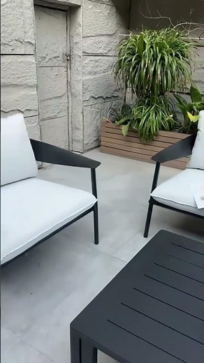 Modern Aluminum Outdoor Sofa Set with Black Frame and Light Grey Cushions #patio #garden#outdoor