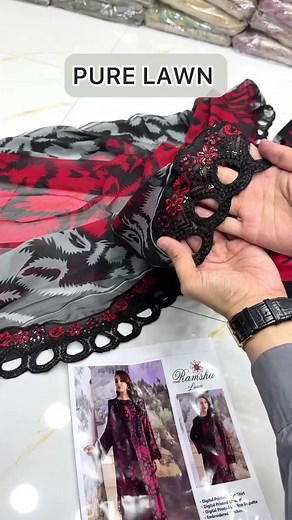 Ramsha Red & Black Unstitched Lawn Suit for Sale