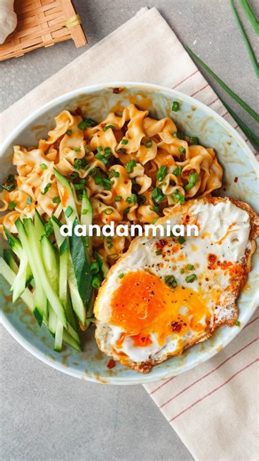 save this 10-minute dandanmian recipe and gather your ingredients from your pantry for sauce: 1 tbsp soy sauce 1 tbsp vinegar 1 tbsp peanut butter (crunchy or smooth up to you!) 1 tsp sesame oil 1/2 tsp sugar 1 clove garlic, grated 1 tsp chilli oil (we like lao gan ma!) assembly: 1 portion knife cut noodles (or any noodle you have, even maggi works!) 1 egg cucumber, sliced spring onion, for garnish 💅🏼 send this reel to a friend (or colleague) who says they’re always too busy to cook 📝 comment