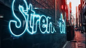 Neon 'Strength' Sign Illuminated on a Textured Urban Wall at Night Generative AI
