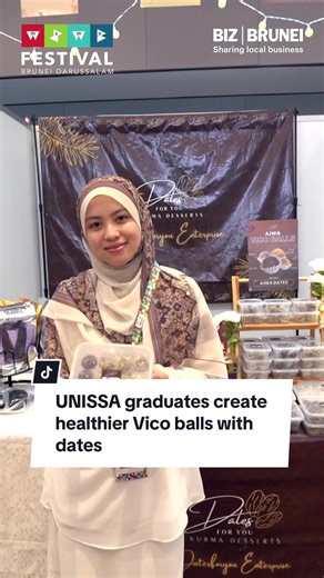 Universiti Islam Sultan Sharif Ali (UNISSA) graduate Siti Syazwani launched @datesforyou.bn as her final-year entrepreneurship project, creating a healthier version of the popular Vico ball dessert using dates with no added sugar. Following research, pitching, and market validation, the positive academic and sales response has led her and one of her co-founders to continue the business after graduation. Catch Datesforyou and over 130 local vendors at the Brunei MSME Festival, organised by @BEDB 