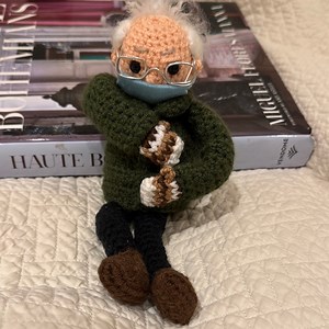 Handmade Crochet Bernie Sanders Doll with Glasses, Gloves and Mask