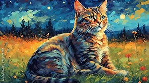 abstract cat that is sitting in the grass with a starry night sky, motion
