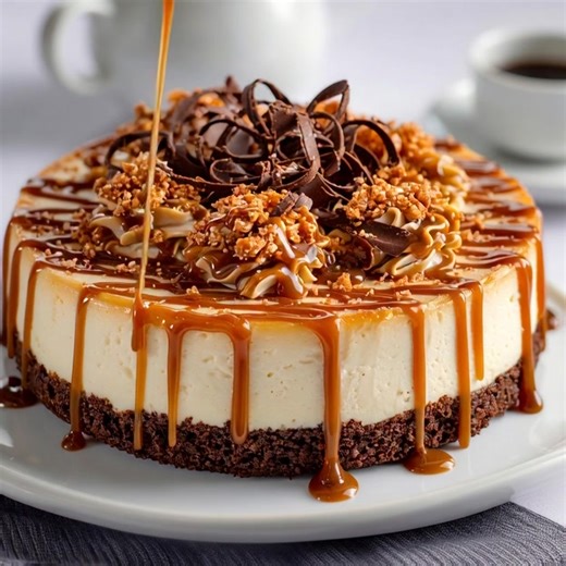 Decadent Caramel Toffee Crunch Cheesecake Ingredients: For the crust: 1 1/2 cups chocolate cookie crumbs 1/4 cup melted butter For the filling: 3 packages (8 oz each) cream cheese, softened 1 cup granulated sugar 1 cup caramel sauce 1 tsp vanilla extract 3 large eggs 1 cup toffee bits For the topping: 1/2 cup caramel sauce 1/2 cup toffee bits 1/4 cup chocolate curls or shavings Directions: Preheat the oven to 325°F (163°C). Grease a 9-inch springform pan. Combine chocolate cookie crumbs and melt