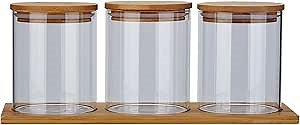 SANQIAHOME Glass Coffee Sugar Containers with Shelf, 3 x 27 OZ Coffee Bean Storage Station Organizer,Airtight Seal,Food Storage Jar for Kitchen